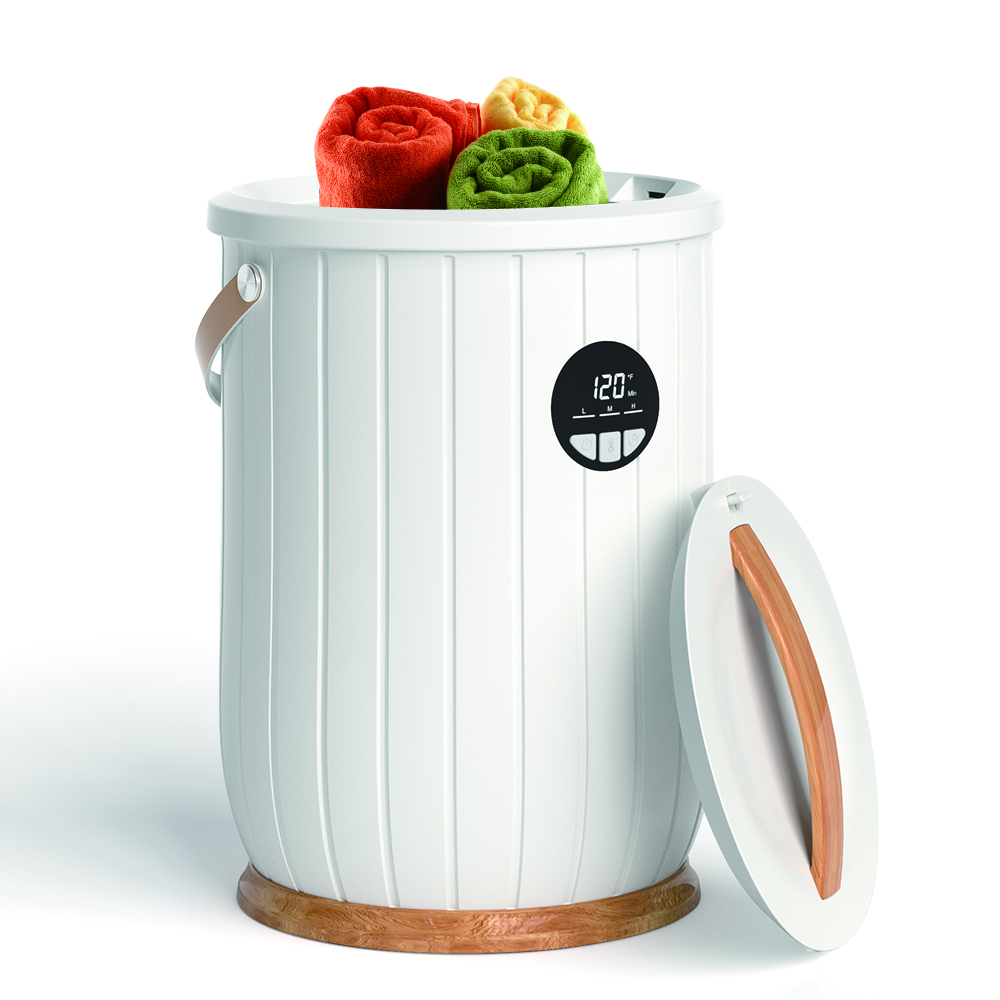 Inside a dual-layer towel warmer bucket.